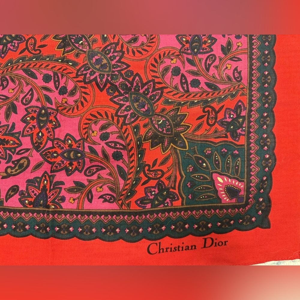 CHRISTIAN DIOR Vintage Rare Red Paisley Floral Retro 100% Wool Square Scarf - Picture 10 of 14